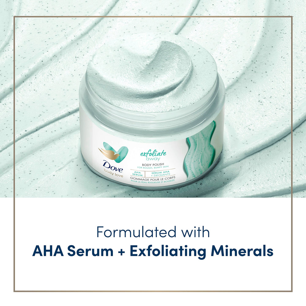 Dove scrub on hand being applied to skin for nourishing exfoliation
