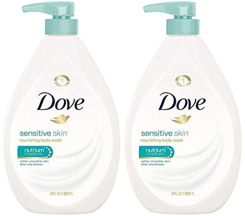 Dove sensitive body wash front packaging showing pump and label, gentle cleansing benefit