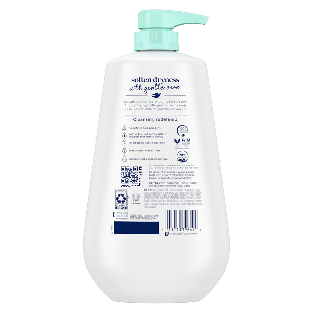Dove sensitive body wash pump closeup highlighting easy one-hand dispensing