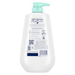 Dove sensitive body wash pump closeup highlighting easy one-hand dispensing