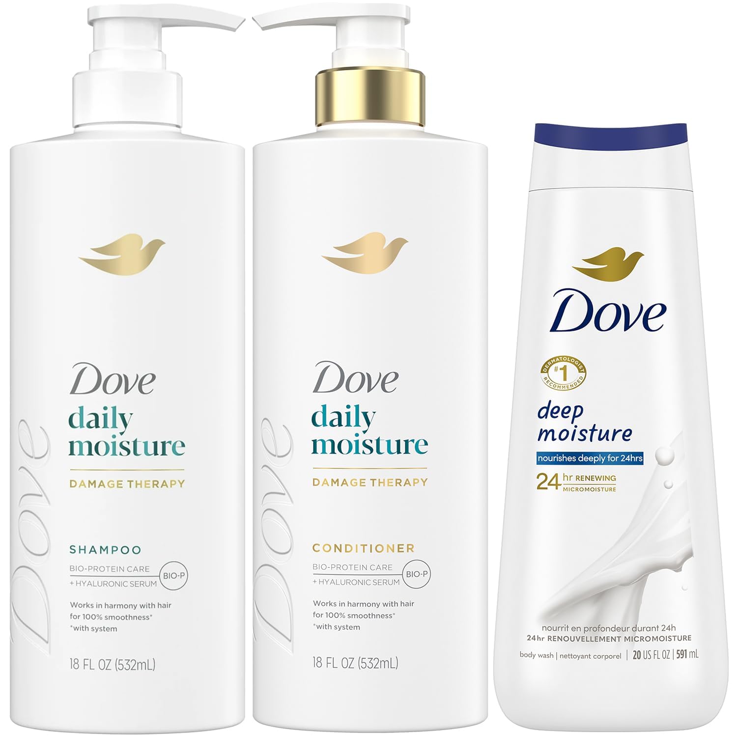 Dove shampoo and conditioner front view showing packaging and moisturizing benefit