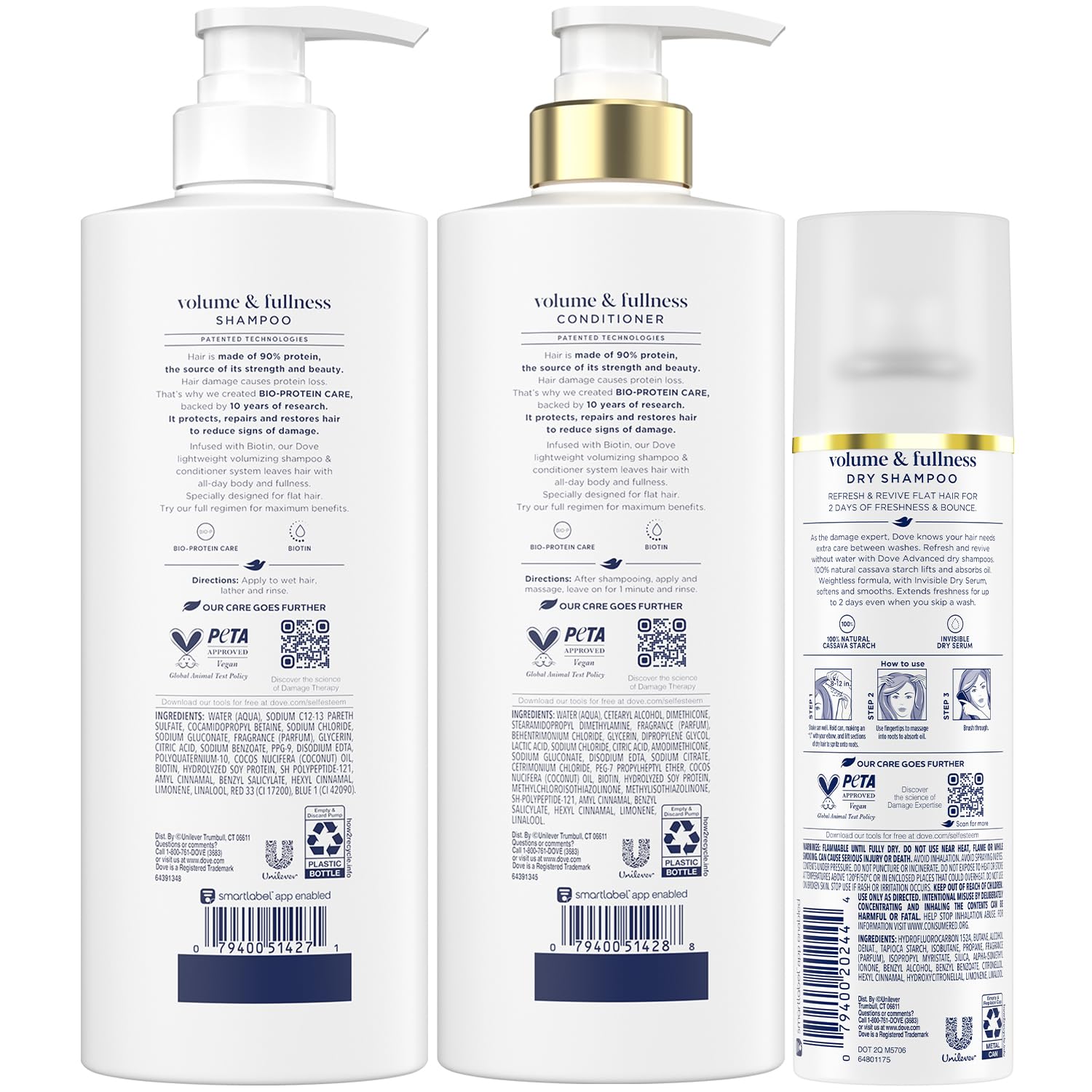 Dove shampoo bottle label closeup highlighting volumizing formula