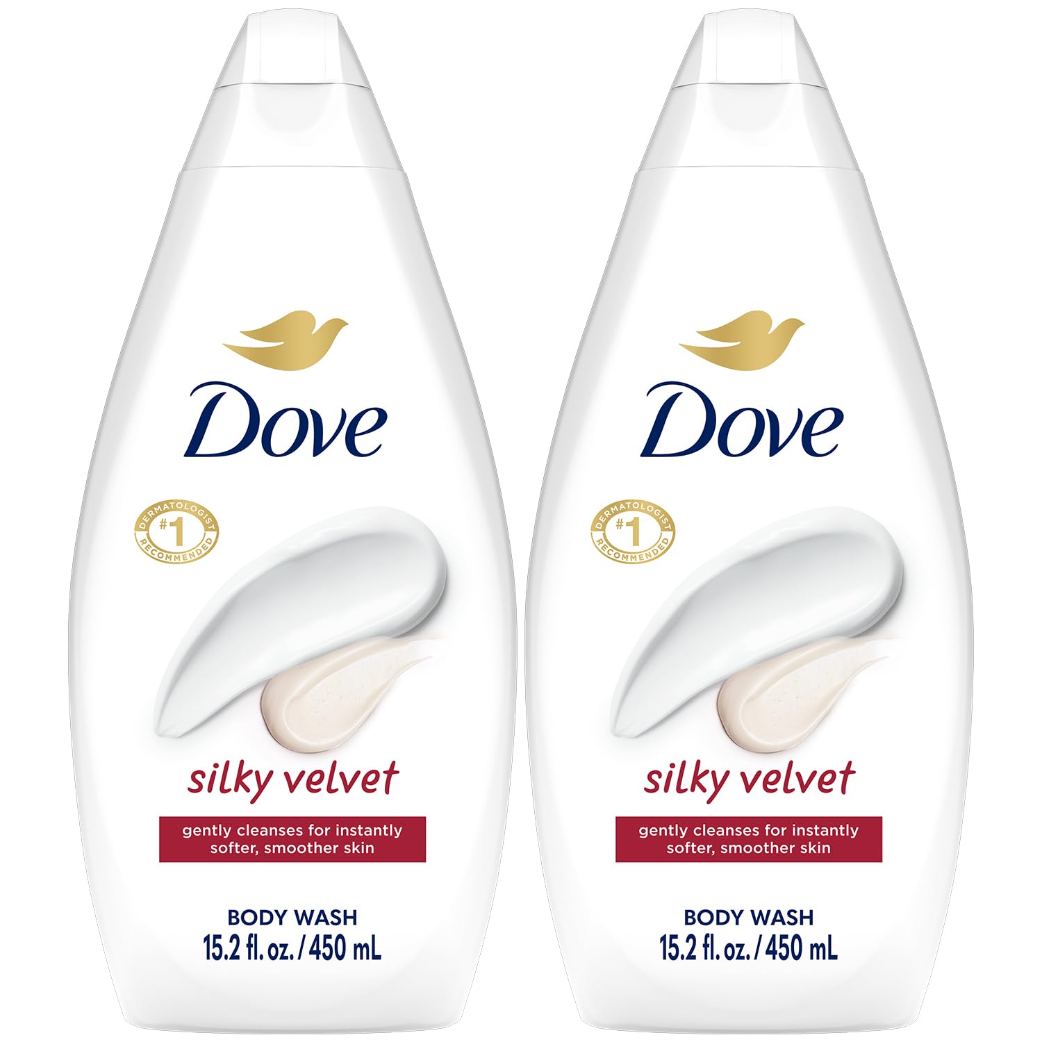 Dove Silky Velvet front packaging showing two bottles and moisturizing benefit