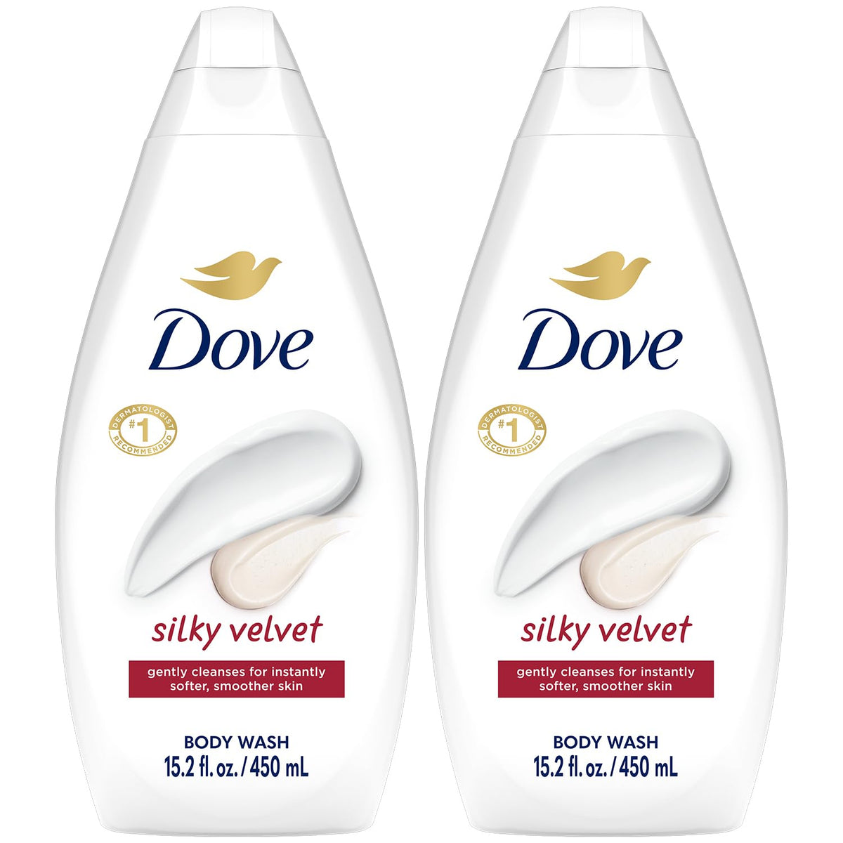 Dove Silky Velvet front packaging showing two bottles and moisturizing benefit