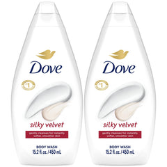 Dove Silky Velvet front packaging showing two bottles and moisturizing benefit