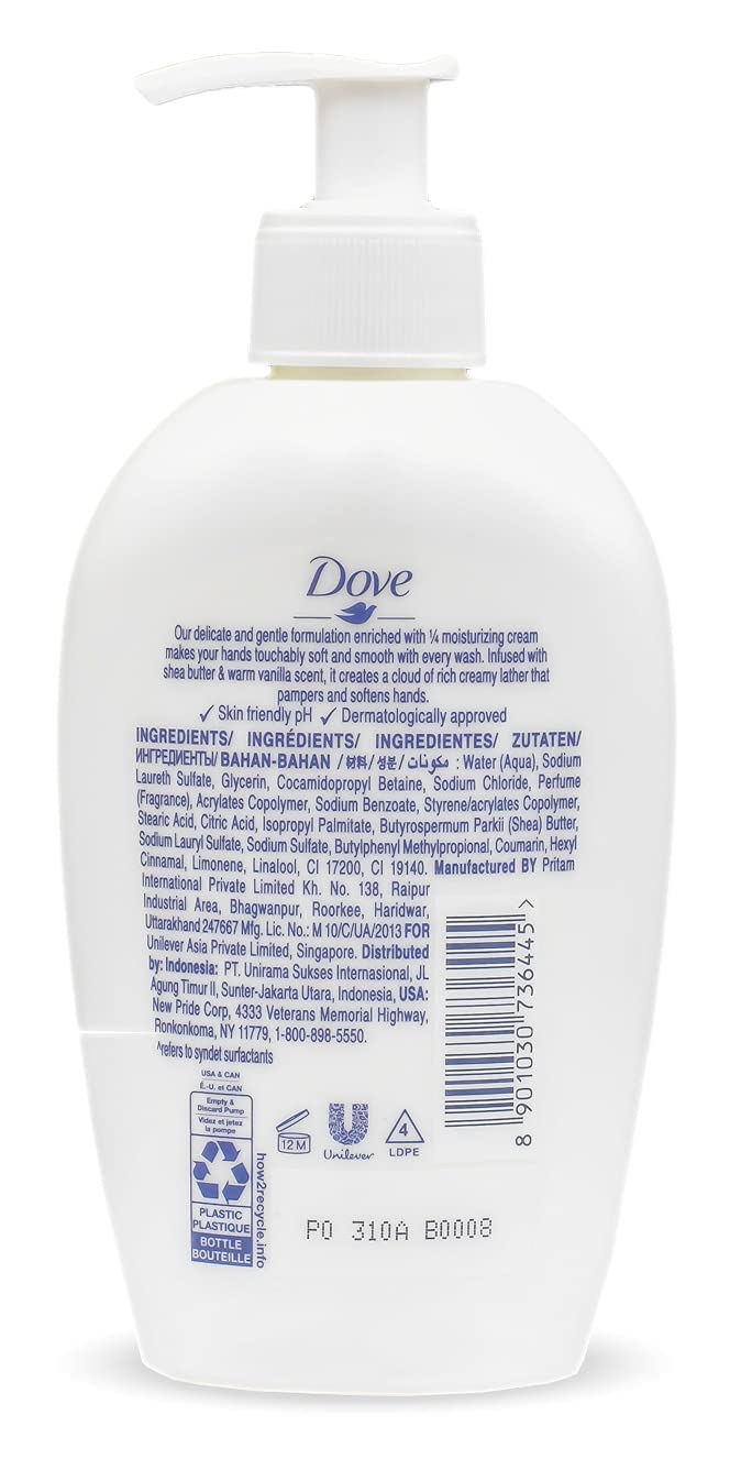 Dove 250ml bottle beside a hand to show scale and convenient size