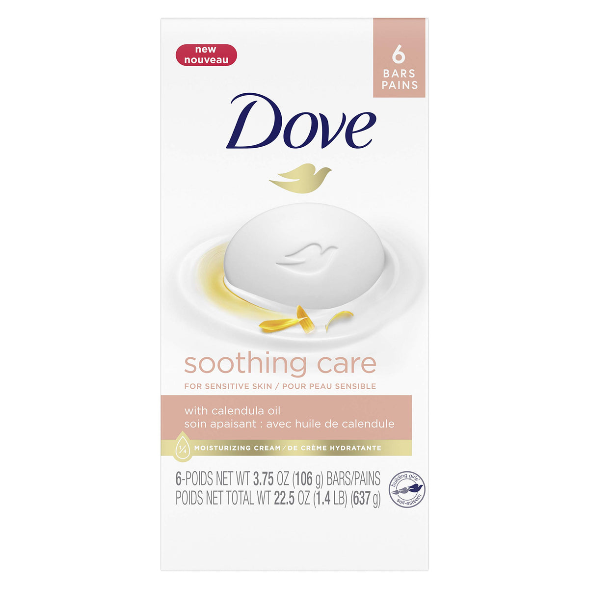 Dove beauty bar front packaging showing product and calming calendula benefits