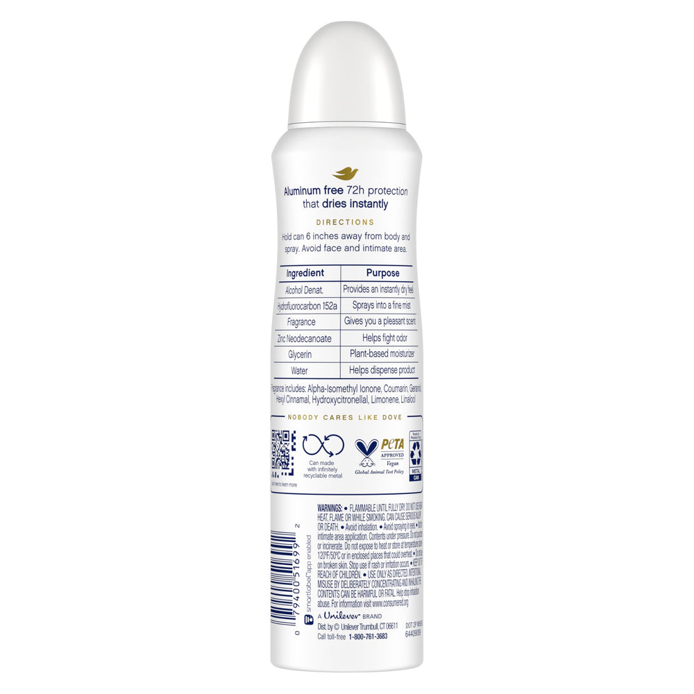 Dove spray can close-up nozzle showing precise spray control benefit
