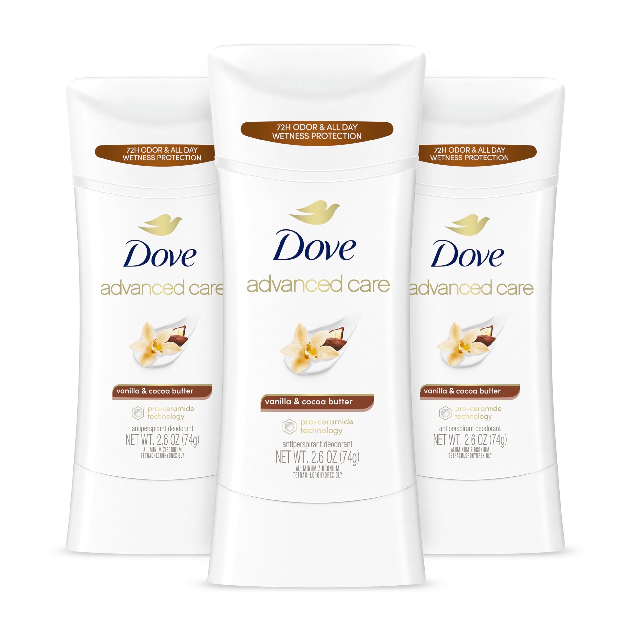 Dove antiperspirant vanilla & cocoa butter front packaging showing 3-pack benefit