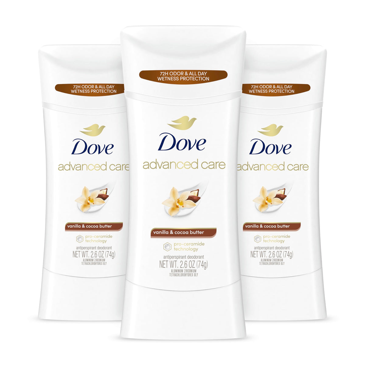 Dove antiperspirant vanilla & cocoa butter front packaging showing 3-pack benefit