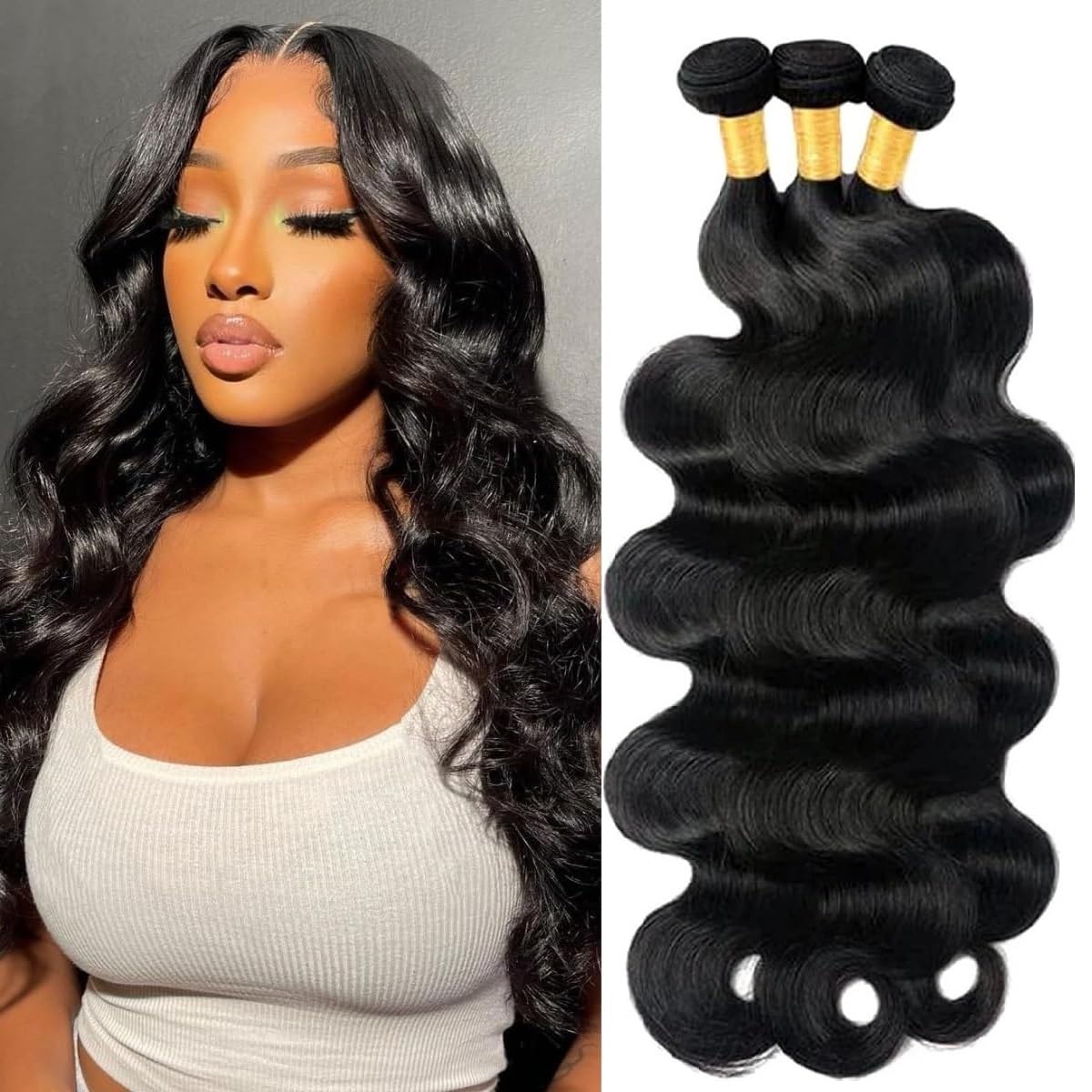 Dowstalgirl front view of three bundled body wave wefts showing natural shine and full coverage