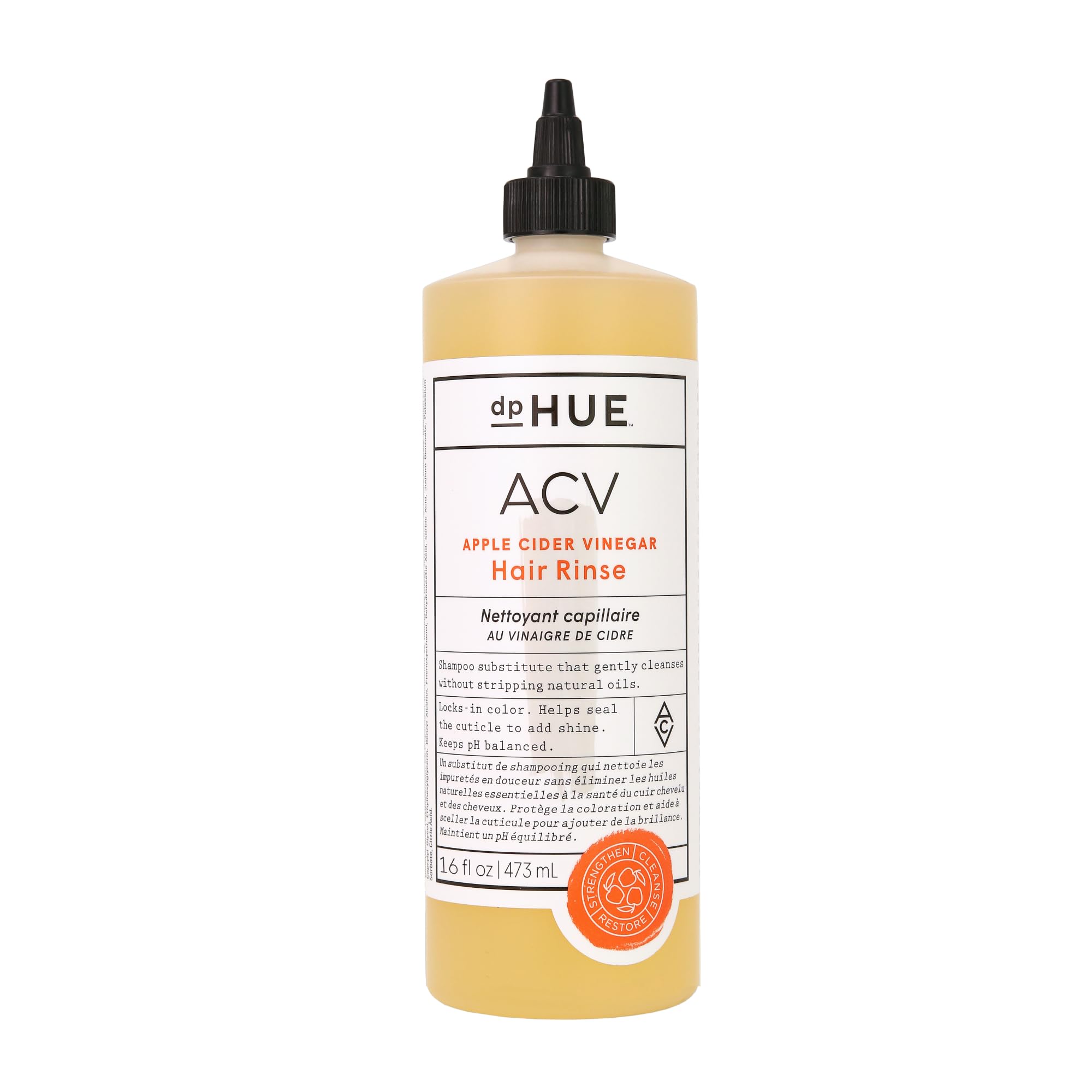 dpHUE front bottle shot showing 16 oz ACV hair rinse for convenient use