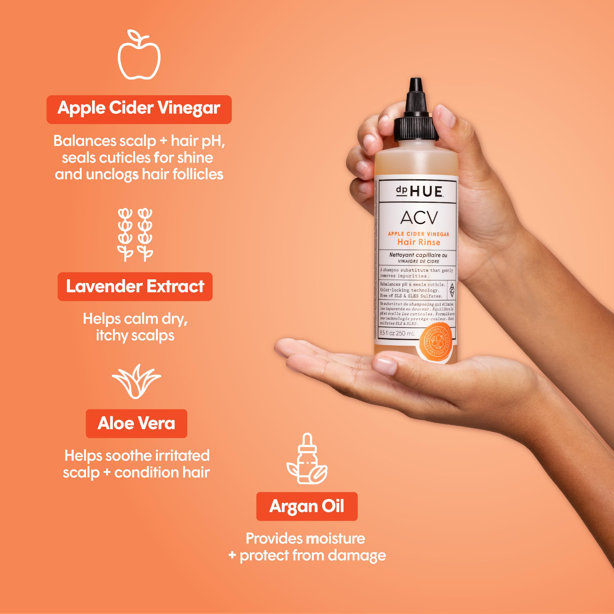 dpHUE label close-up highlighting product benefits and ingredient callouts