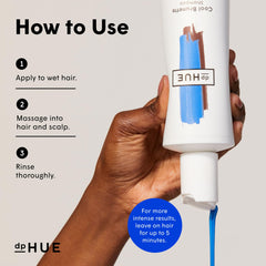 dpHUE in-shower application on wet hair demonstrating use and results
