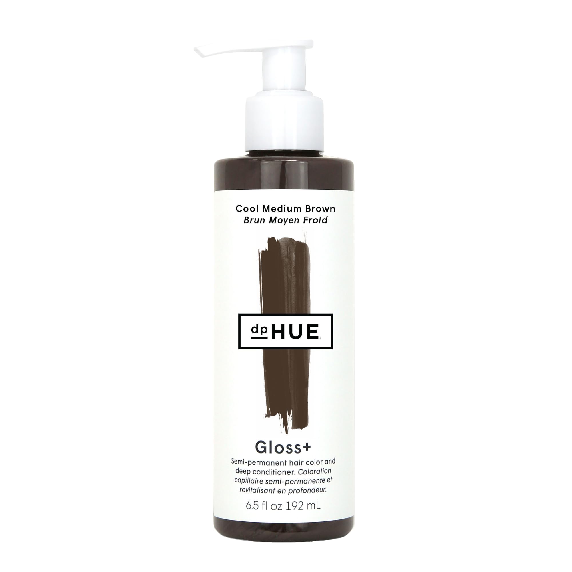 dpHUE front view of Gloss+ Cool Medium Brown bottle showing label and size, conveys clear product identity and trust
