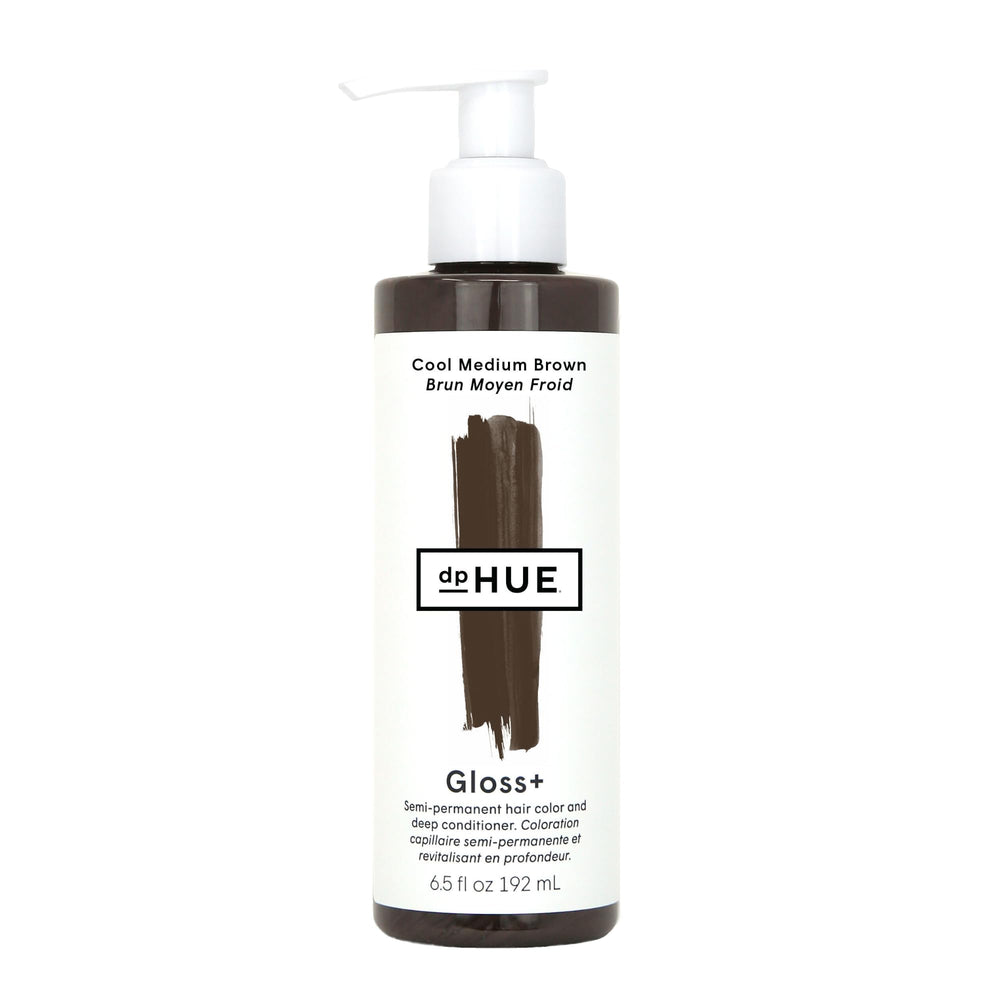 dpHUE front view of Gloss+ Cool Medium Brown bottle showing label and size, conveys clear product identity and trust