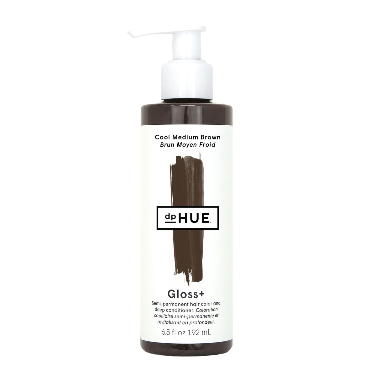 dpHUE front view of Gloss+ Cool Medium Brown bottle showing label and size, conveys clear product identity and trust