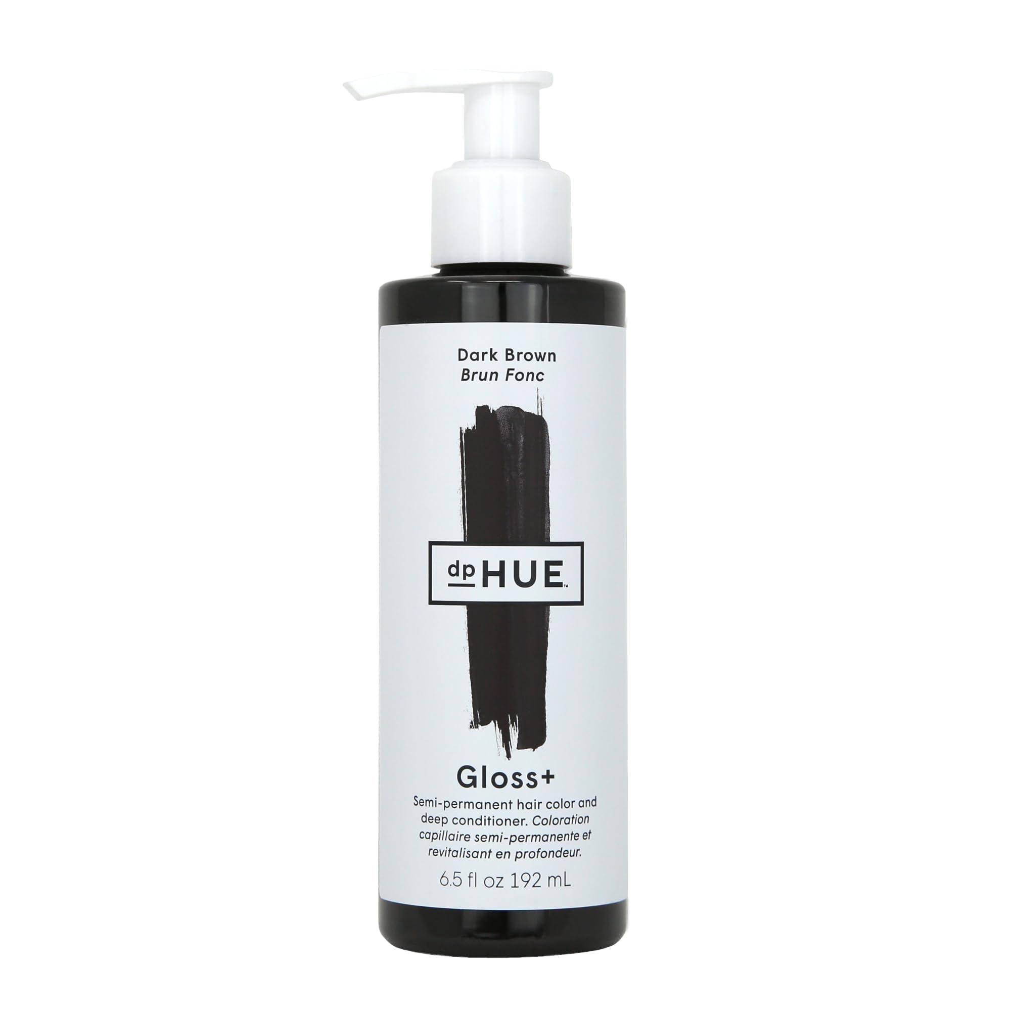 dpHUE Gloss+ dark brown bottle front view showing simple packaging and ready-to-use formula