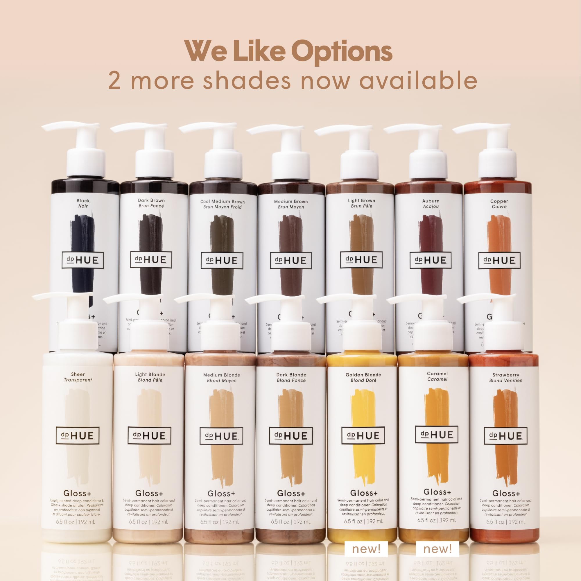 dpHUE Gloss+ dark brown on bathroom shelf with towel showing salon-quality finish at home
