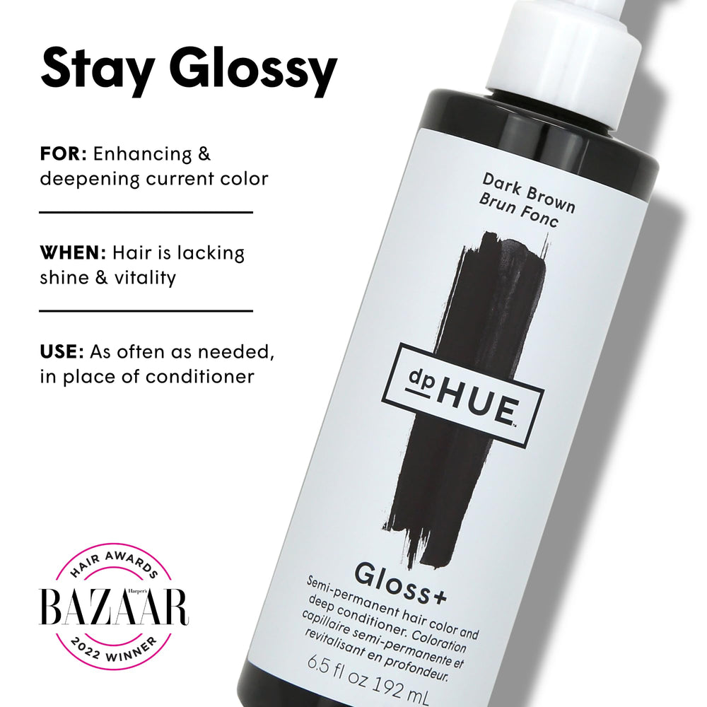 dpHUE Gloss+ dark brown gloss poured to show creamy texture and easy application benefit