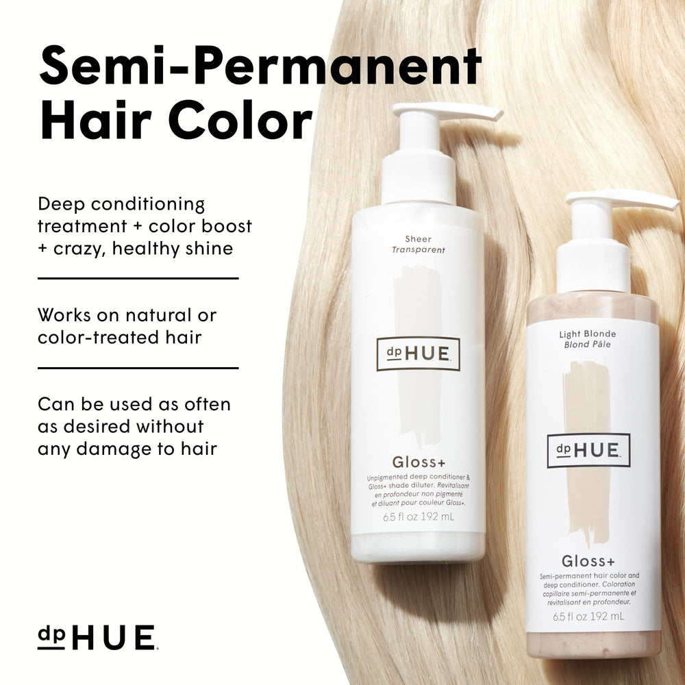 dpHUE Gloss+ close-up of label and cap showing no-mix, gentle formula benefit