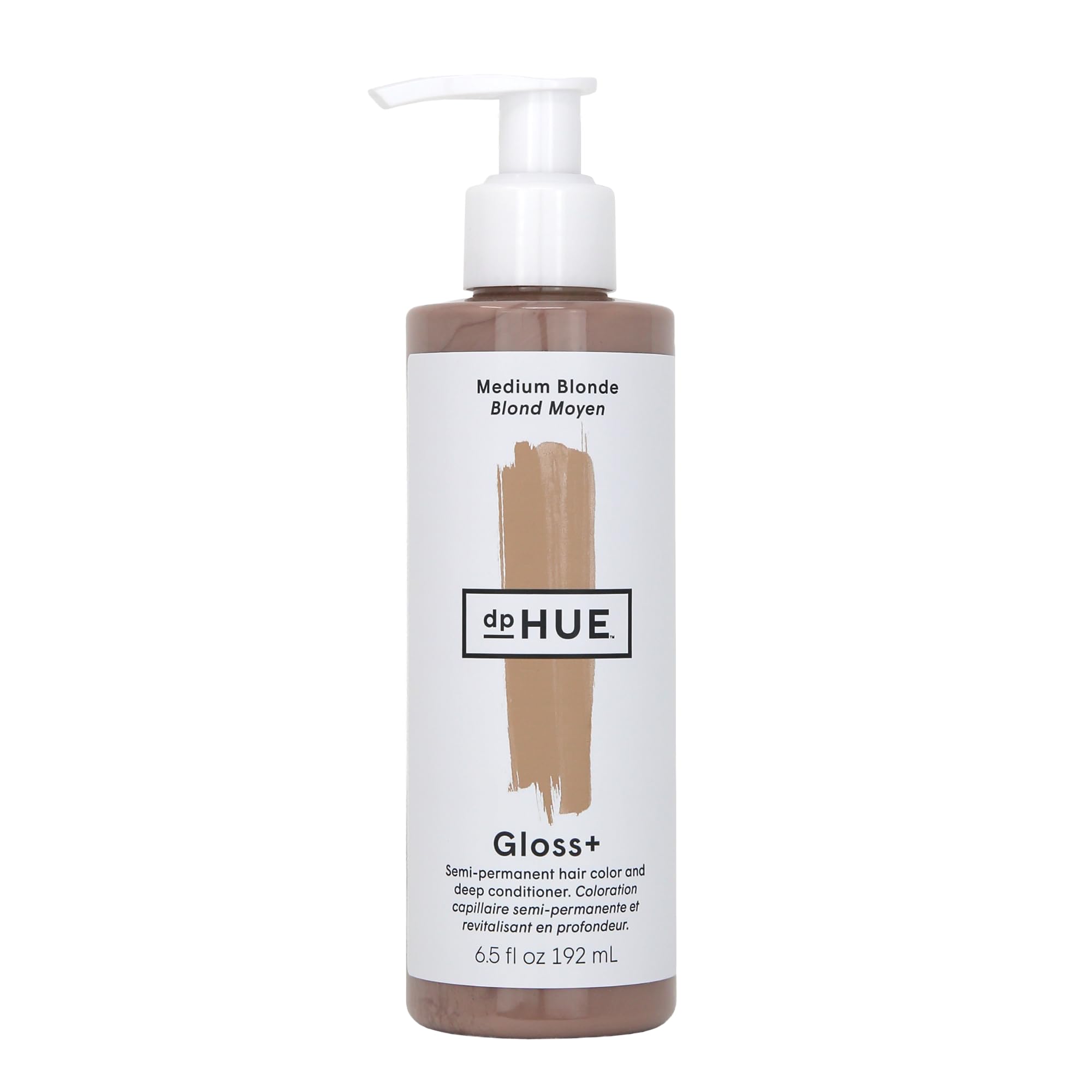 dpHUE Gloss+ bottle front view showing medium blonde shade and product benefit
