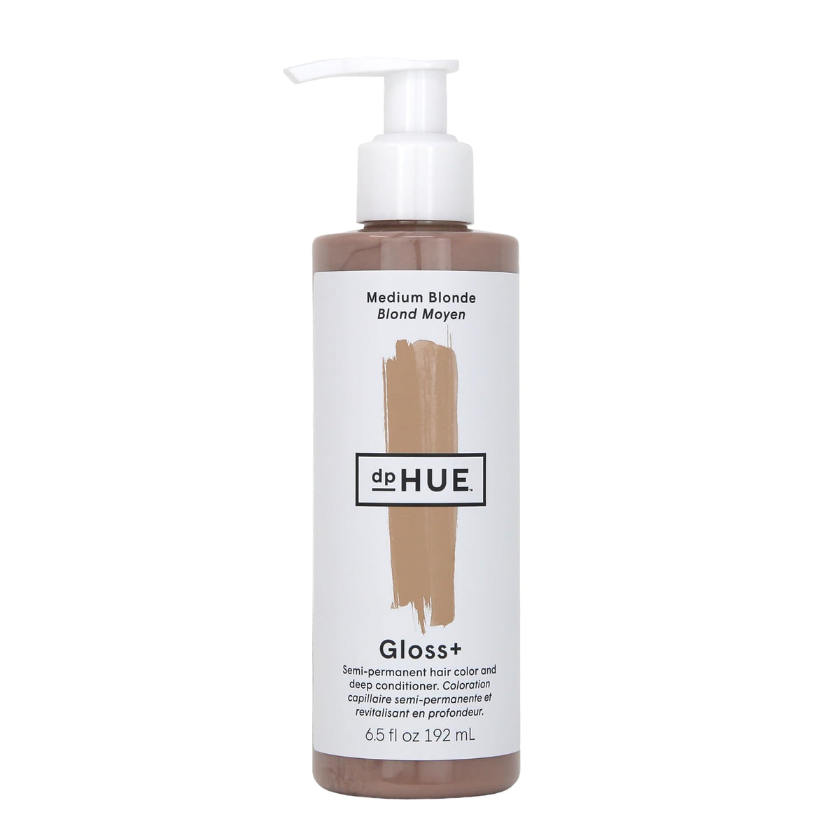 dpHUE Gloss+ bottle front view showing medium blonde shade and product benefit