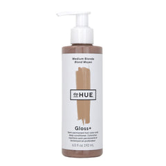 dpHUE Gloss+ bottle front view showing medium blonde shade and product benefit