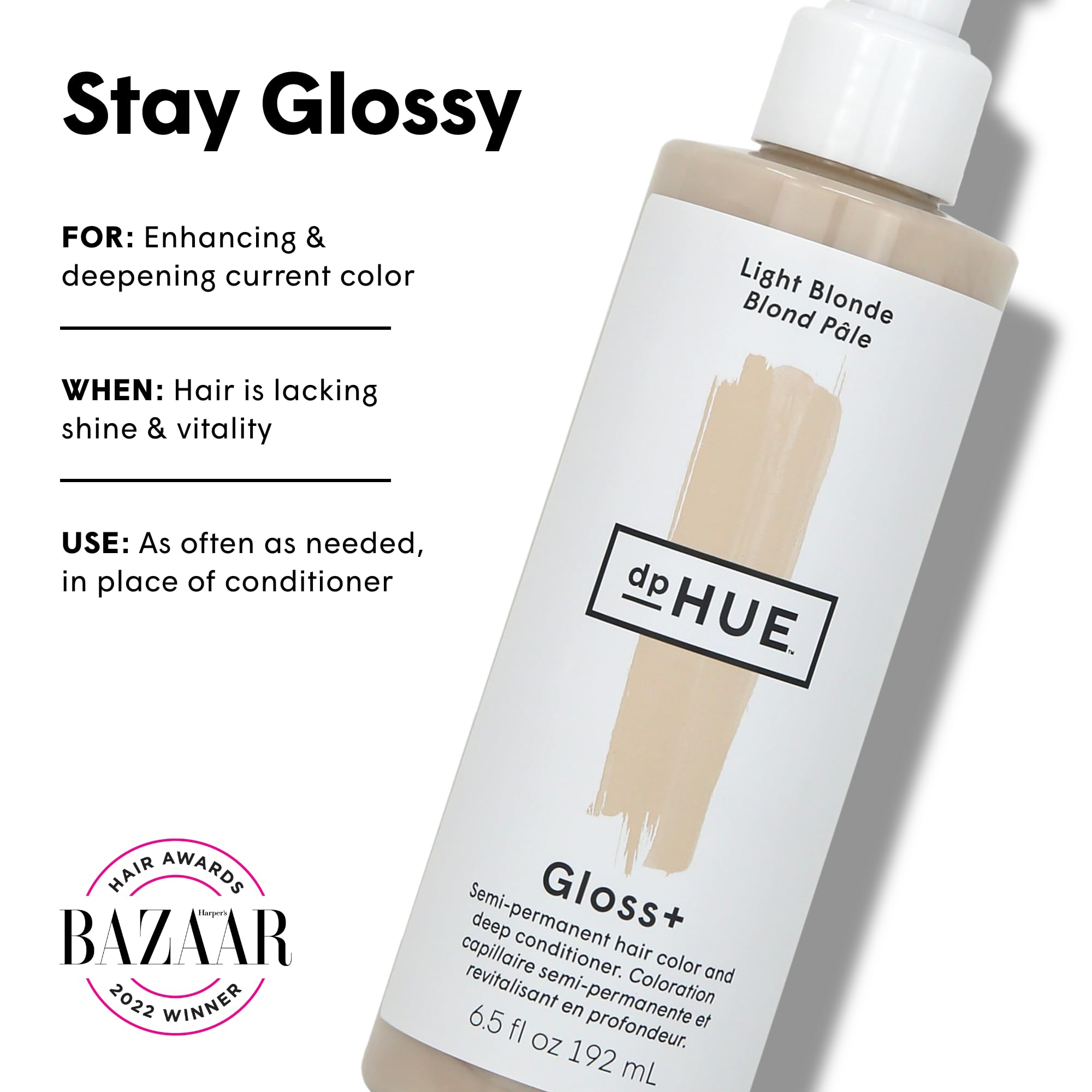 dpHUE creamy gloss texture pouring from bottle, quick no-mix benefit
