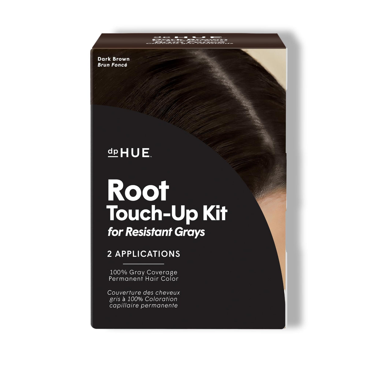 dpHUE front packaging showing dark brown root touch-up and two-application benefit
