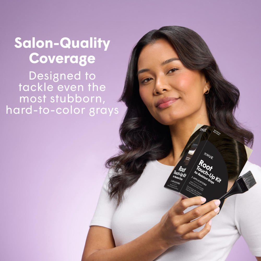 dpHUE in-use lifestyle shot at mirror highlighting convenient touch-up between salon visits