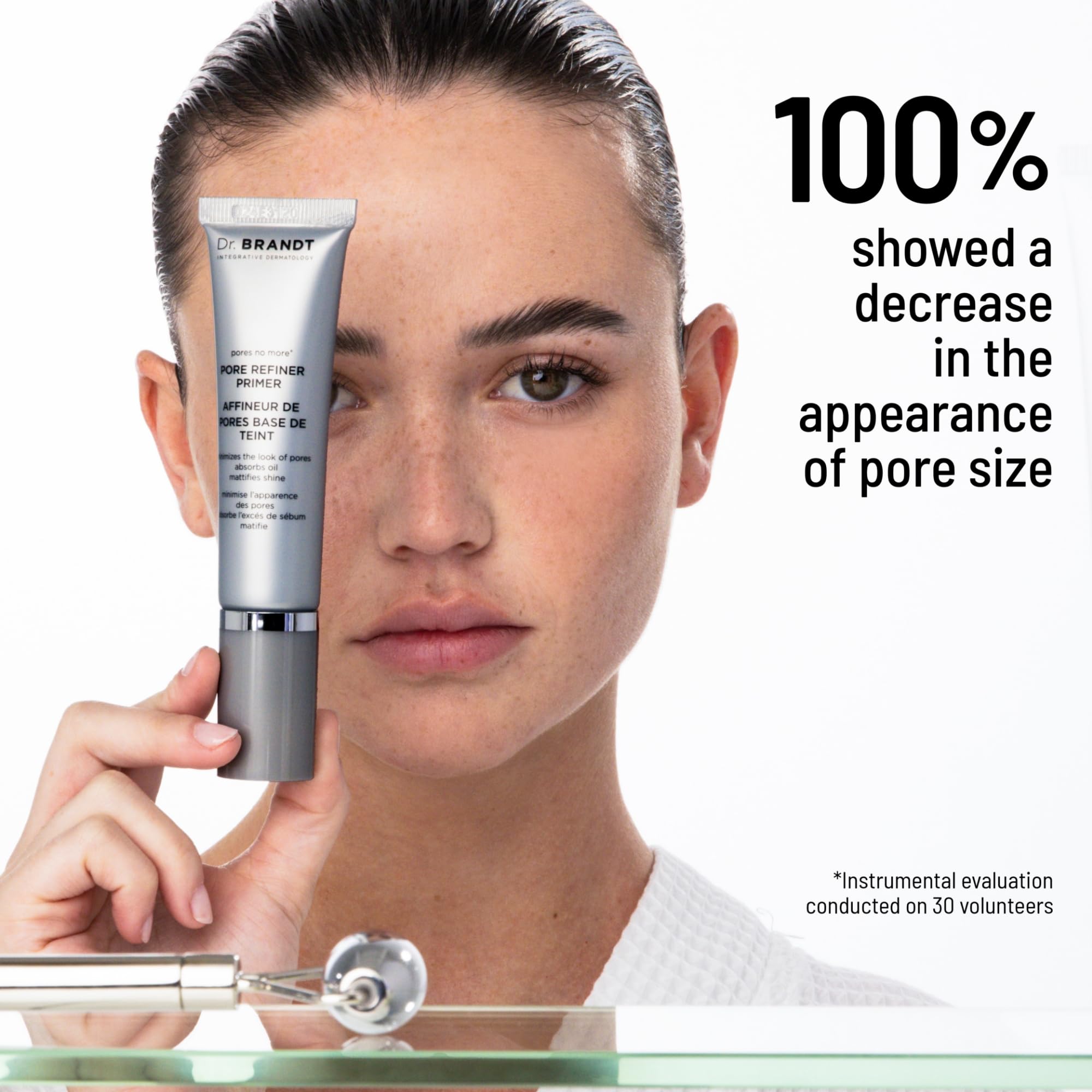 Dr. Brandt applying primer to T-zone to mattify and reduce shine
