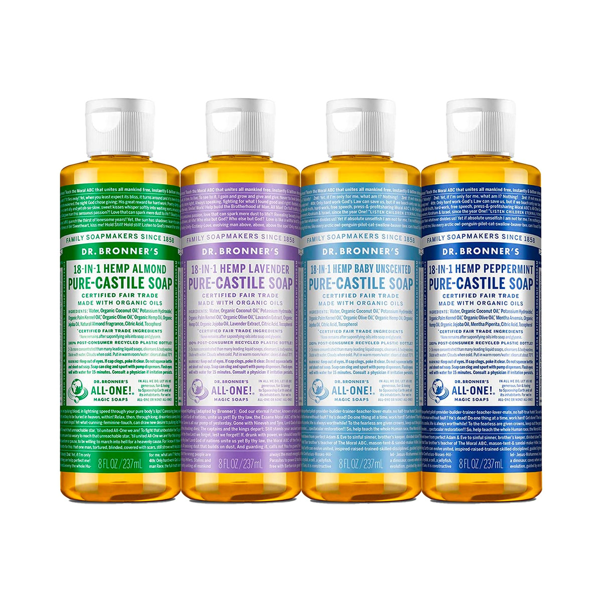 Dr. Bronner's 4-pack front view showing all four 8 oz bottles and variety benefit