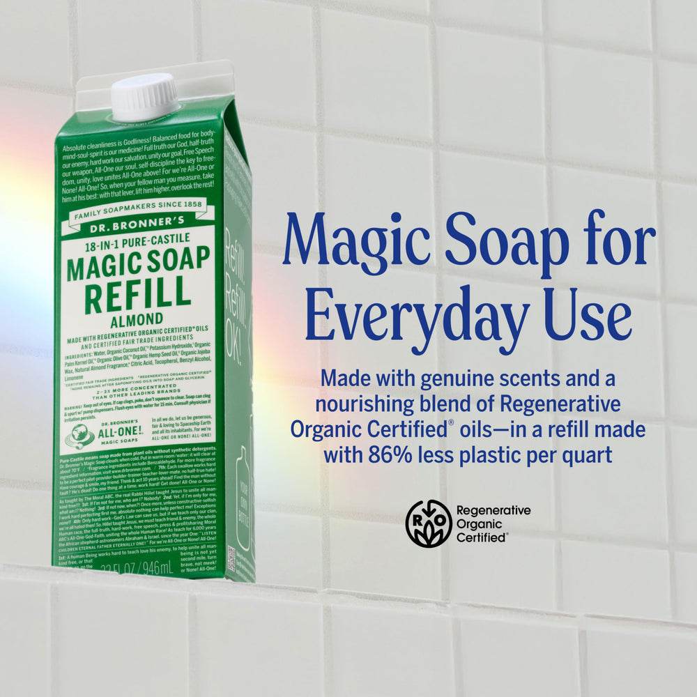 Dr. Bronner's almond close-up label highlighting organic and regenerative certified oils