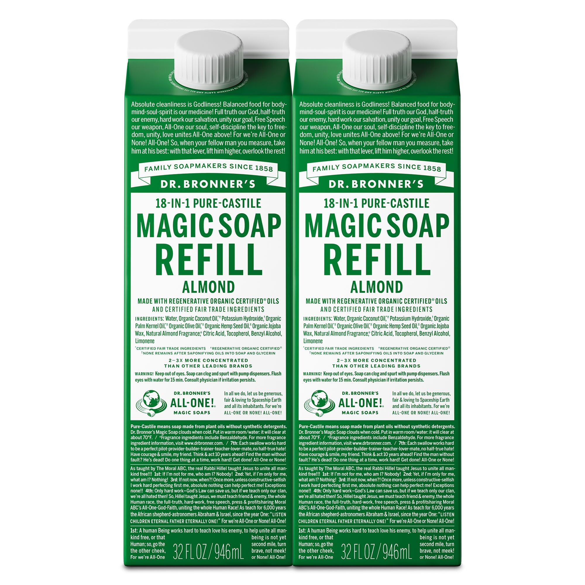 Dr. Bronner's almond front packaging showing two 32oz refill cartons and eco benefits