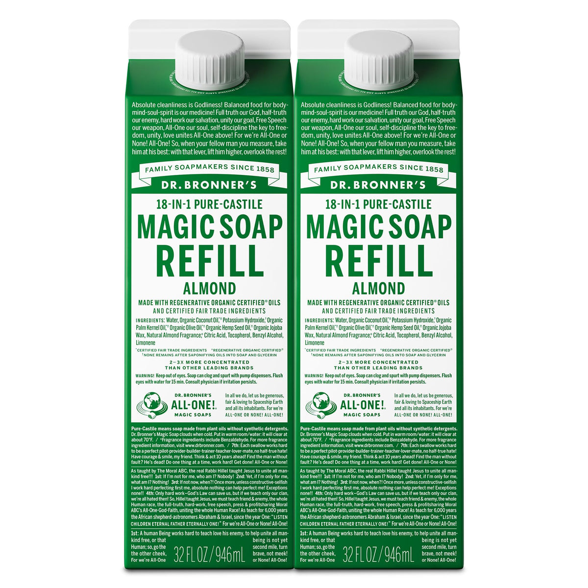 Dr. Bronner's almond front packaging showing two 32oz refill cartons and eco benefits
