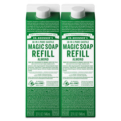Dr. Bronner's almond front packaging showing two 32oz refill cartons and eco benefits