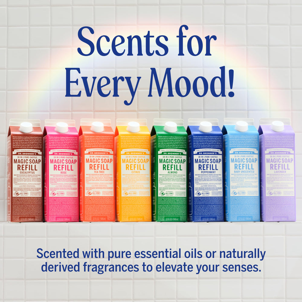 Dr. Bronner's almond sustainable carton emphasizing 86% less plastic per quart