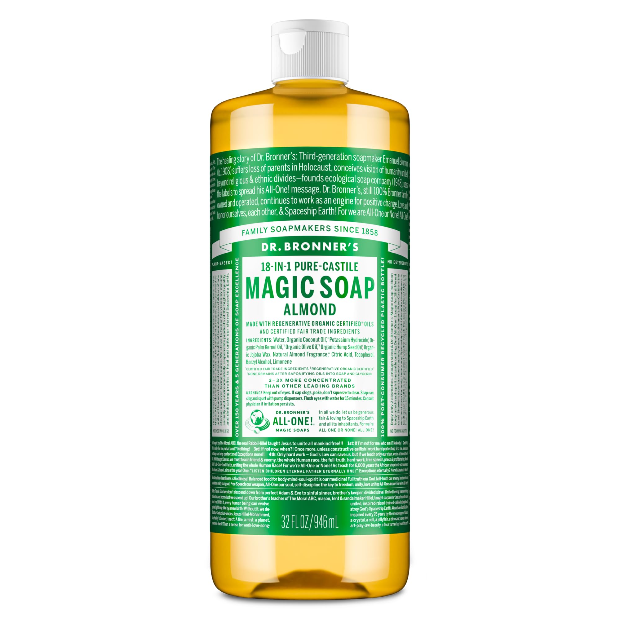 Dr. Bronner's front bottle showing almond soap and volume benefit