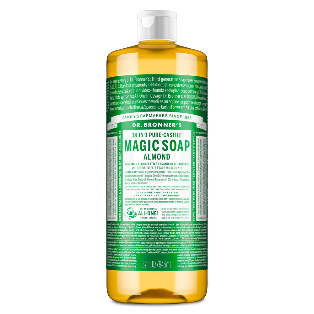 Dr. Bronner's front bottle showing almond soap and volume benefit