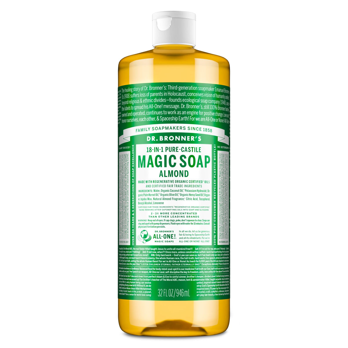 Dr. Bronner's front bottle showing almond soap and volume benefit