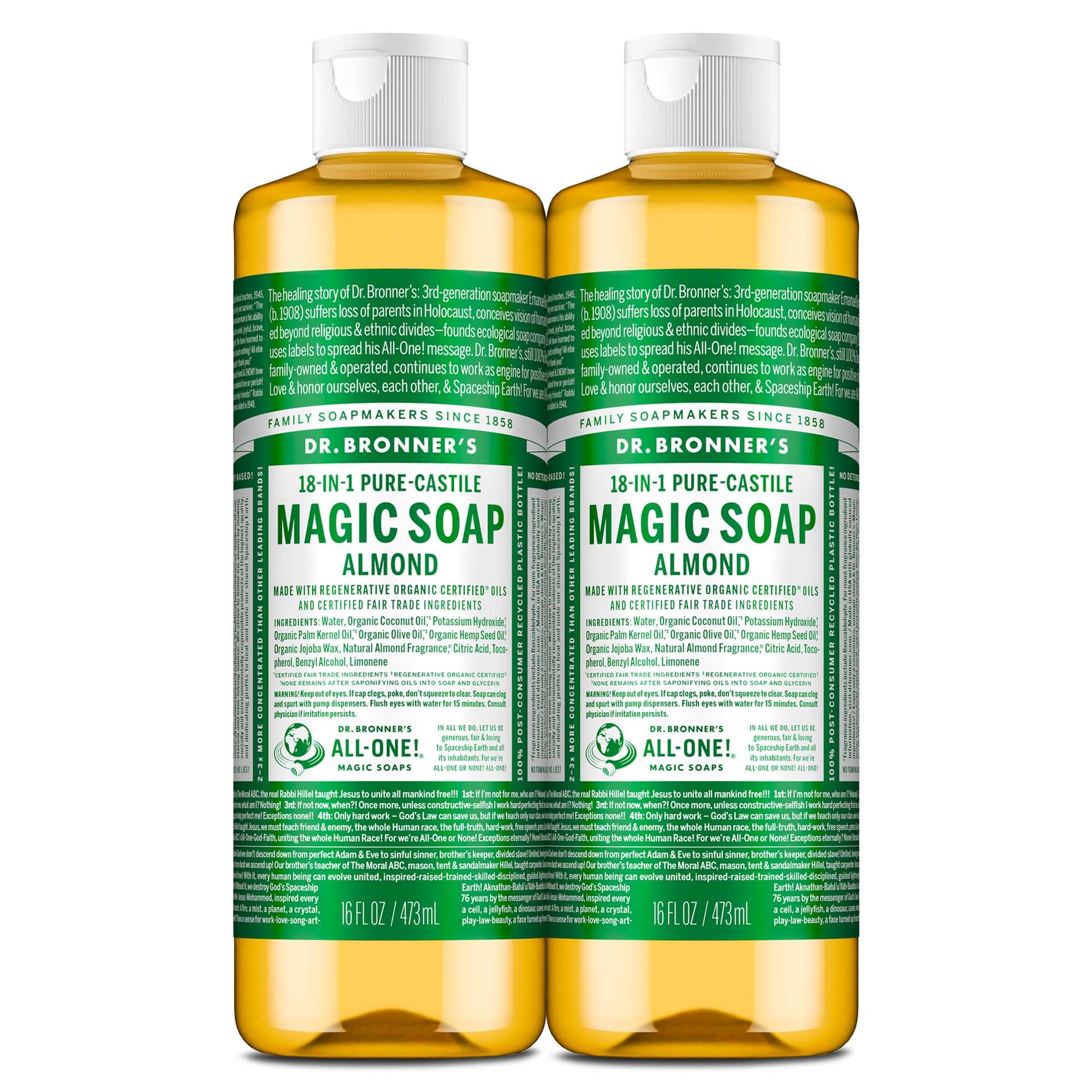 Dr. Bronner's almond front packaging shows two bottles and clear product identity benefits