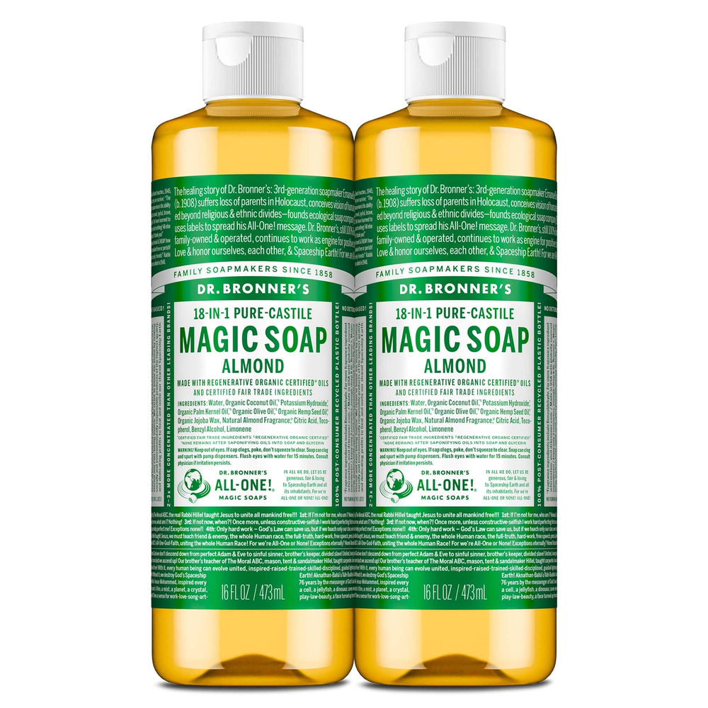 Dr. Bronner's almond front packaging shows two bottles and clear product identity benefits