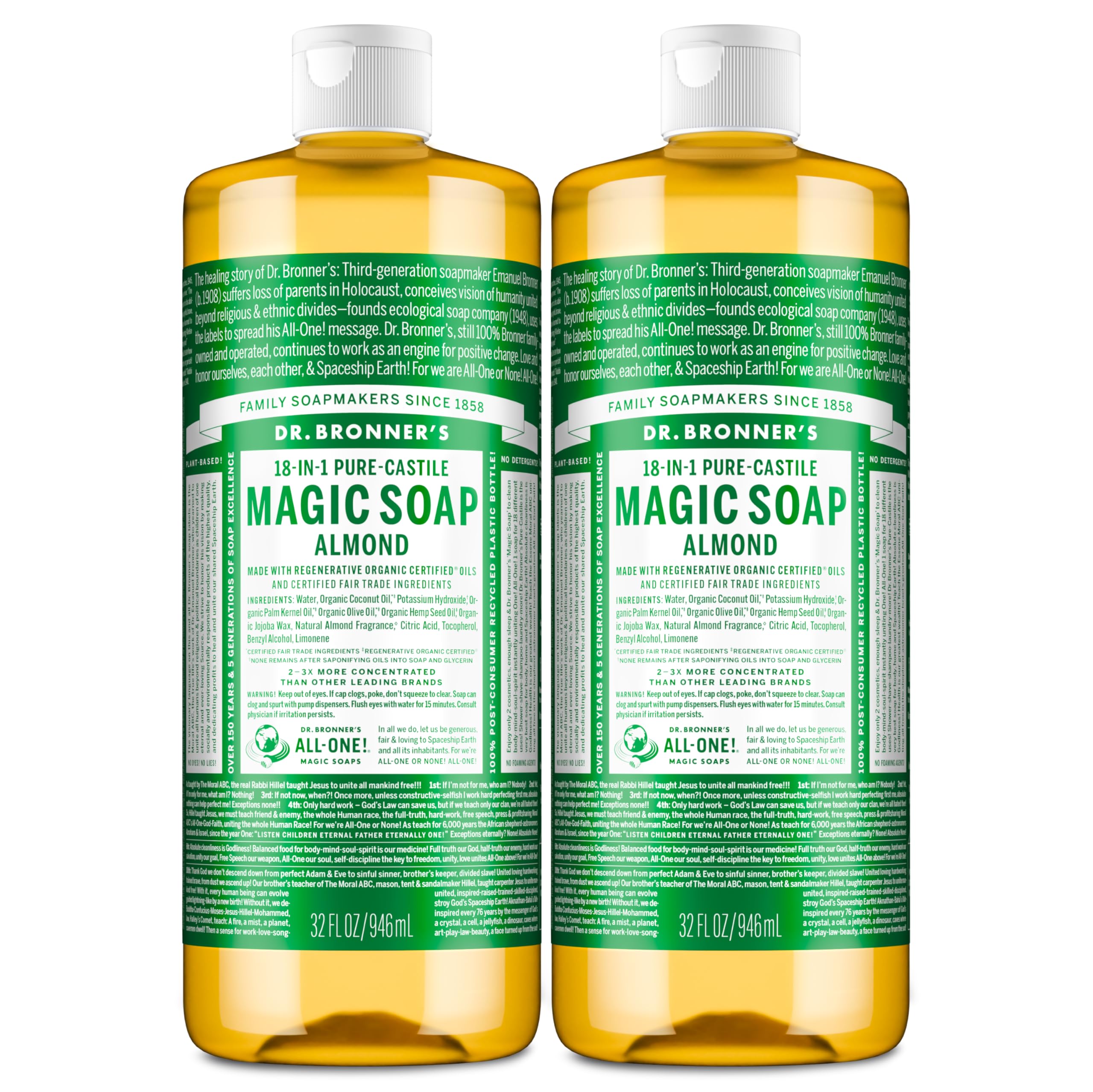 Dr. Bronner's front packaging showing almond two-pack benefits