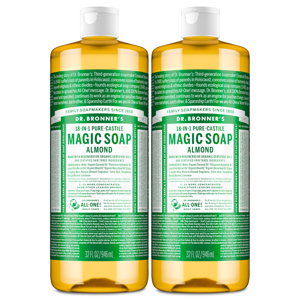 Dr. Bronner's front packaging showing almond two-pack benefits