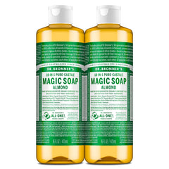 Dr. Bronner's almond front packaging shows two bottles and clear product identity benefits