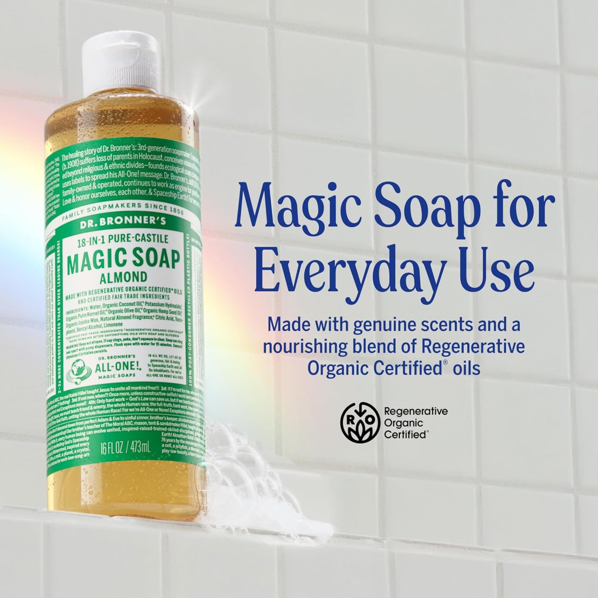 Dr. Bronner's label closeup highlighting organic and fair trade benefits