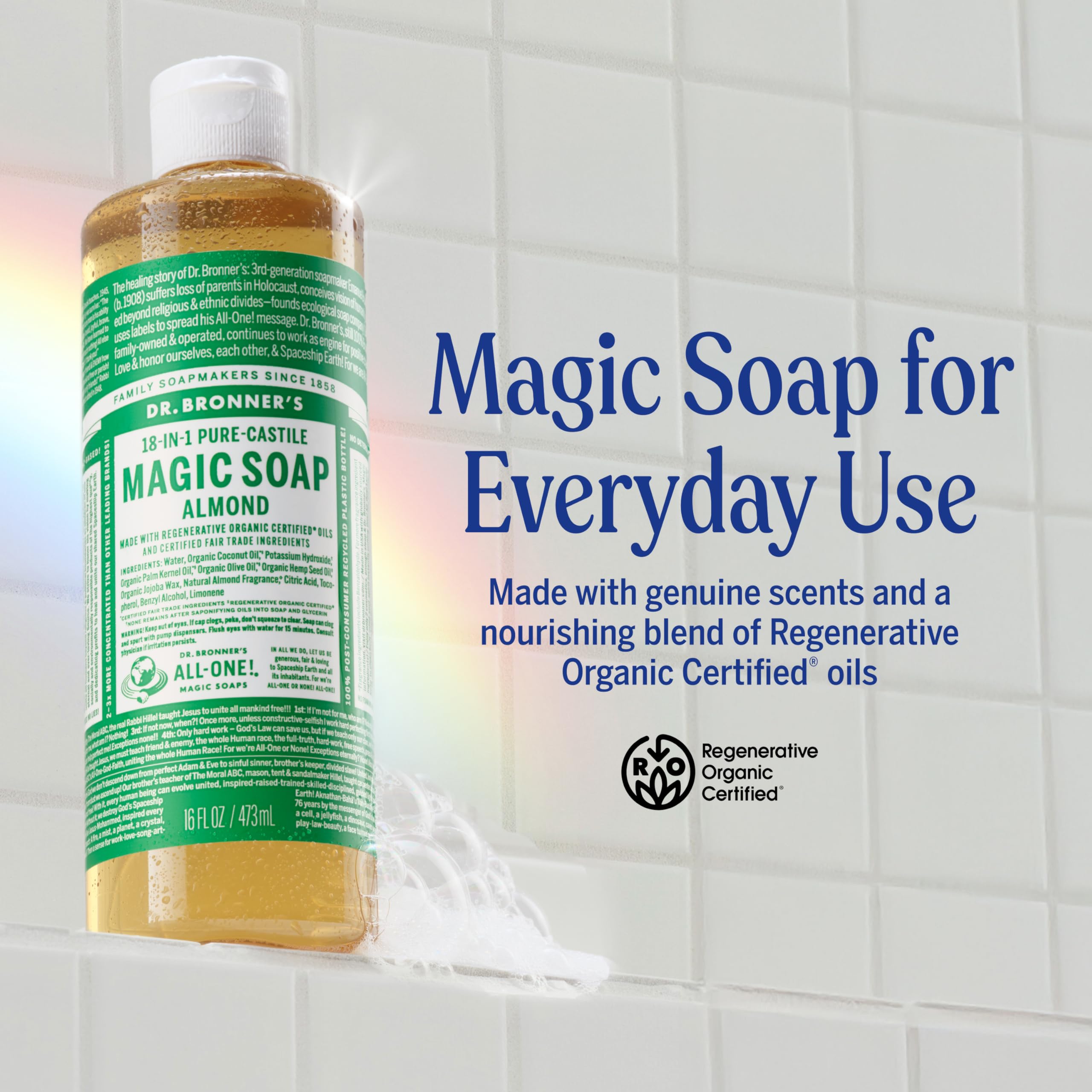 Dr. Bronner's almond pour action demonstrating concentrated liquid and easy dilution benefit