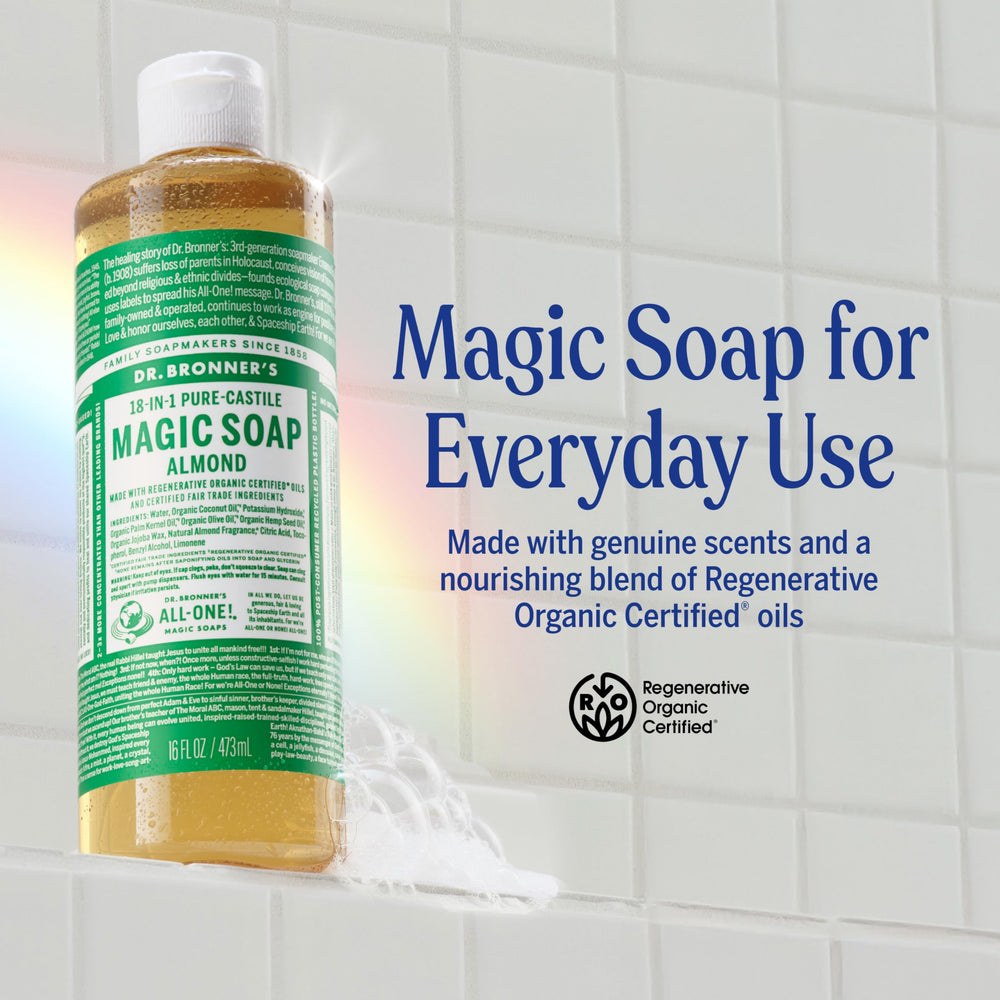 Dr. Bronner's almond pour action demonstrating concentrated liquid and easy dilution benefit
