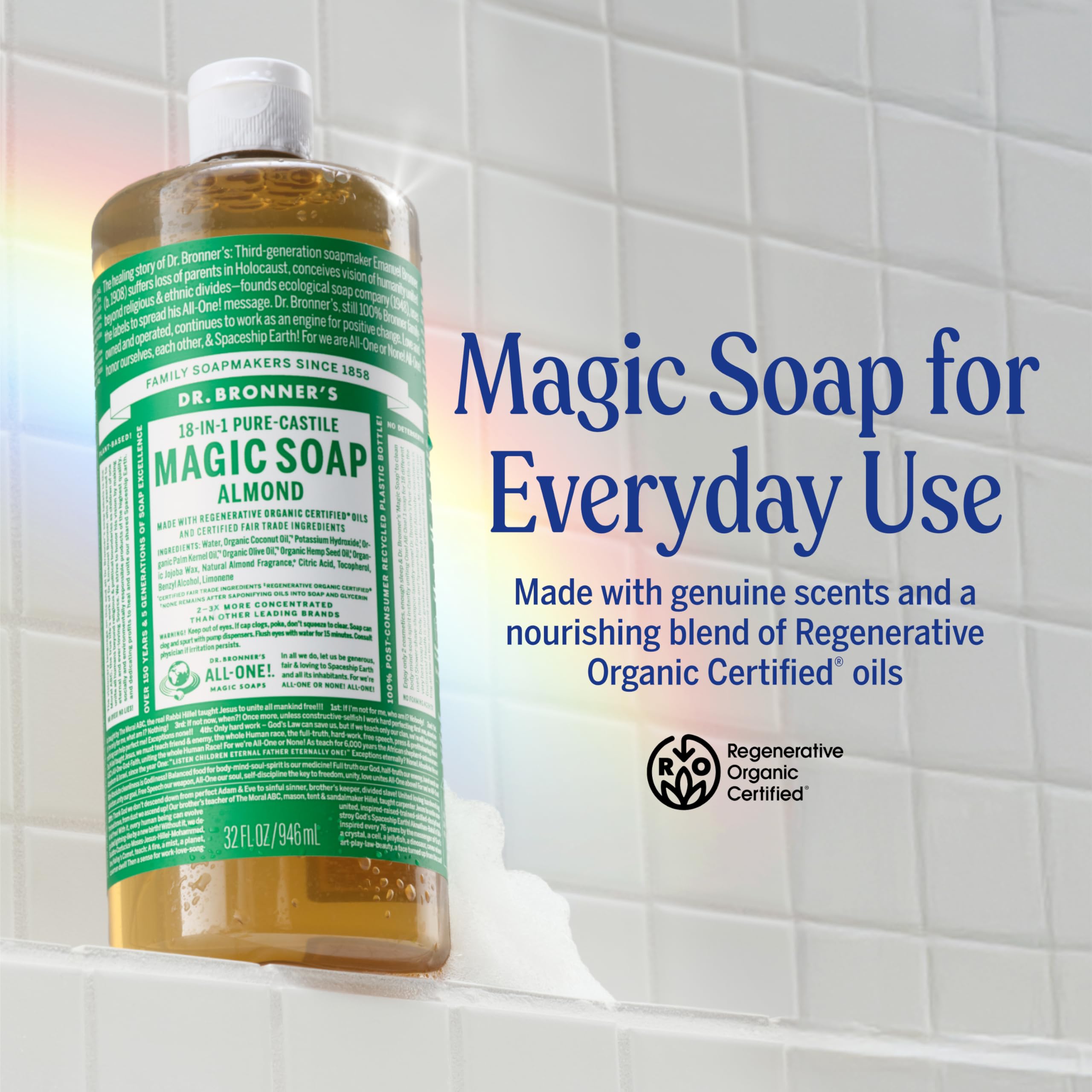 Dr. Bronner's dispensing soap pump with easy control and less waste